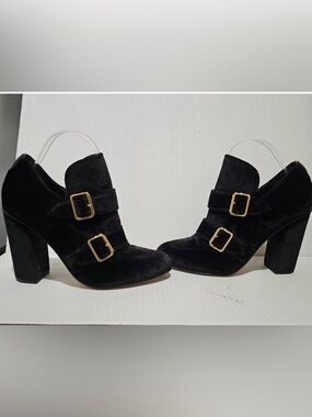 Black Velvet Double-Buckle Block Heel Booties